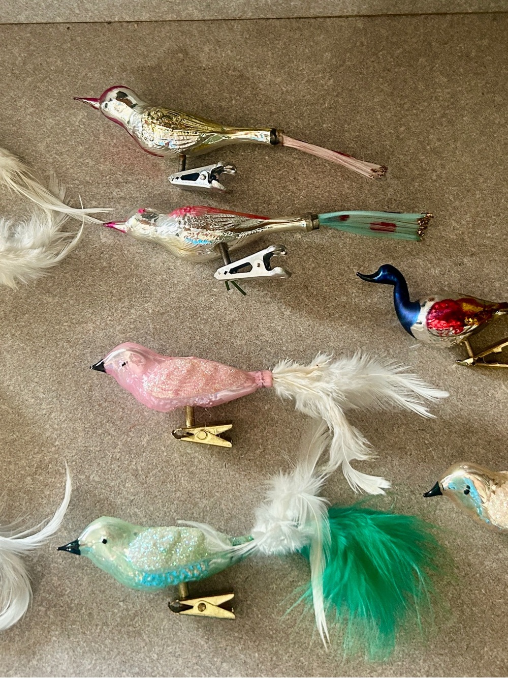 Vintage 1940-1950 hand blown  Feathered Bird Ornaments